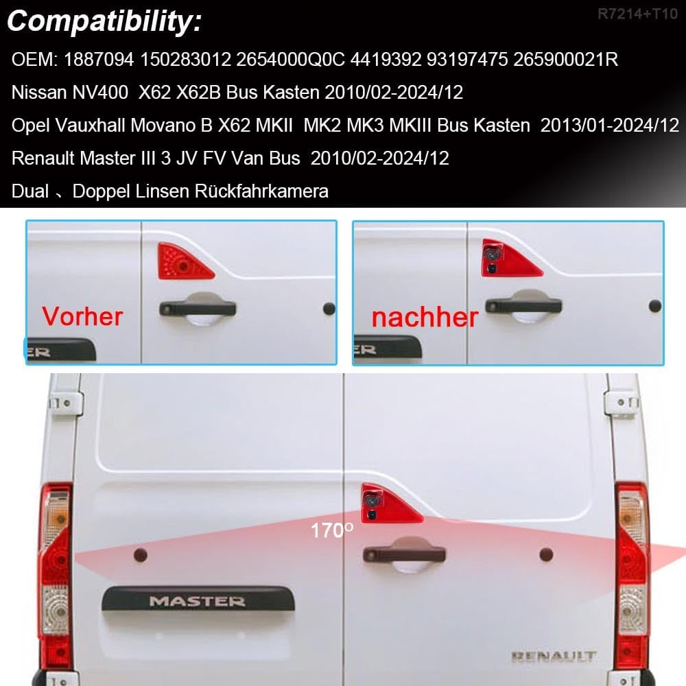 HD Auto Transporter Parking Remlicht Omkeren Achteruitrijcamera Backup Dual-Lens Camera met Hoek Verstelbare Vervanging voor Opel/Vauxhall Movano/Renault Master/Nissan NV400 (Camera +7 ''Monitor)