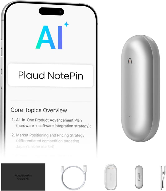Plaud NotePin AI-spraakrecorder, app-bediening, AI-notitieapparaat, AI-transcriptie en samenvatting, ondersteunt 112 talen, 64GB geheugen, audiorecorder voor colleges, vergaderingen, Lunar zilver