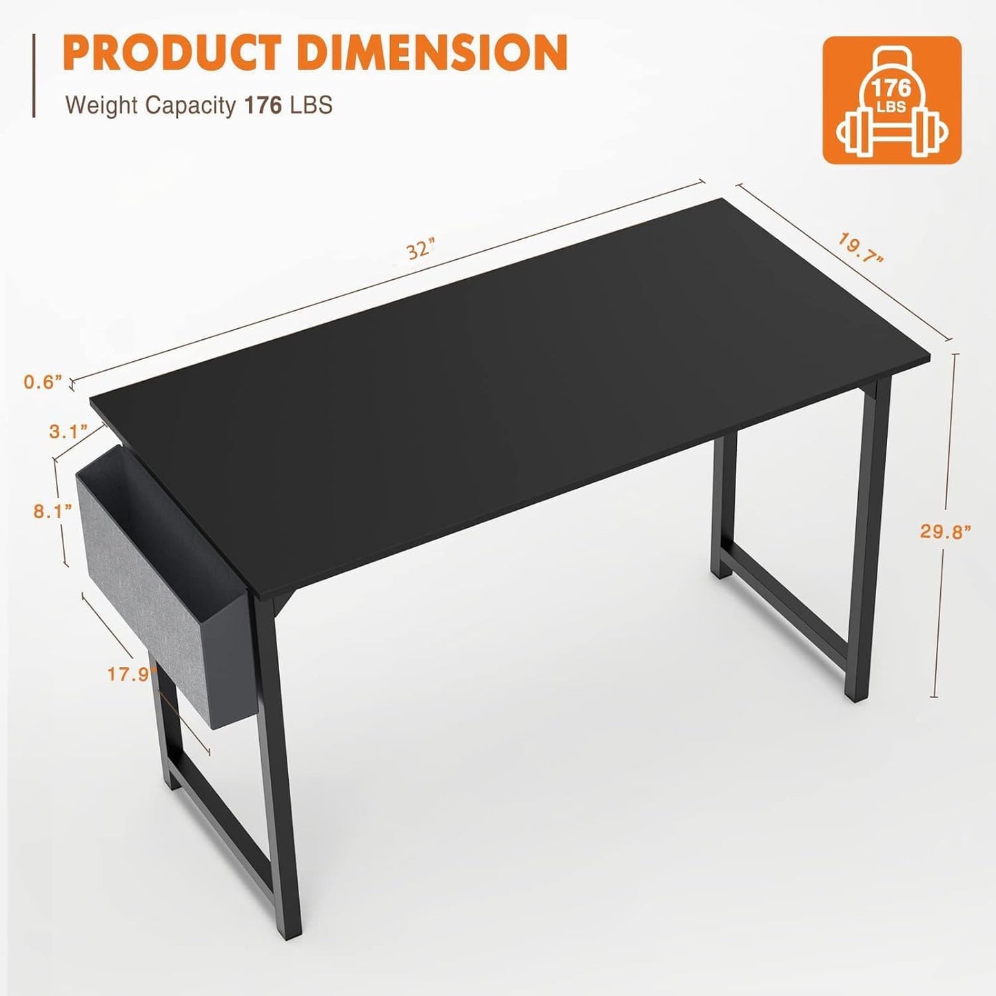 Klein computerbureau, klein kantoorbureau, 70 cm, schrijfbureau, thuiskantoor, kleine ruimte, bureau, studietafel, moderne eenvoudige stijl, werktafel met opbergtas en ijzeren haak, houten bureau voor