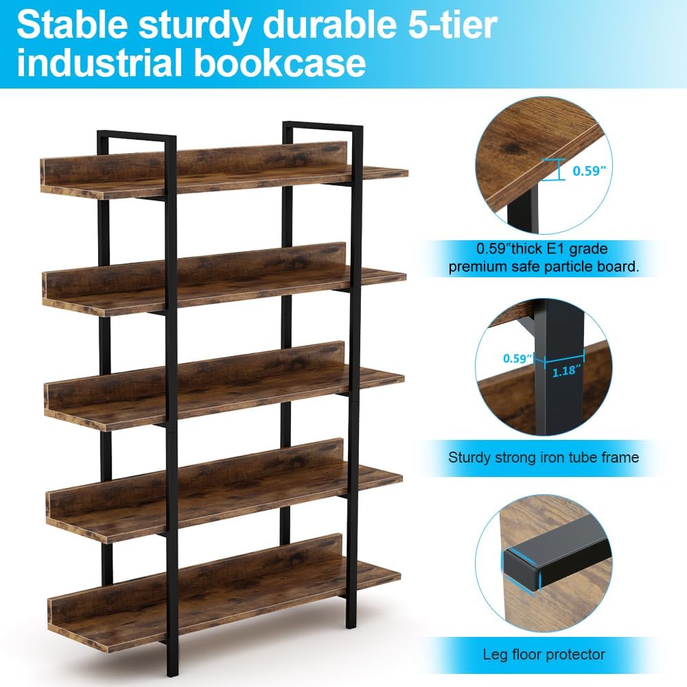 Tribesigns Bookshelf Bookcase Storage Rack Standing Shelf Industrial Stable Bookcase with Iron Tube Frame for Home, Living Room, Bedroom, Office