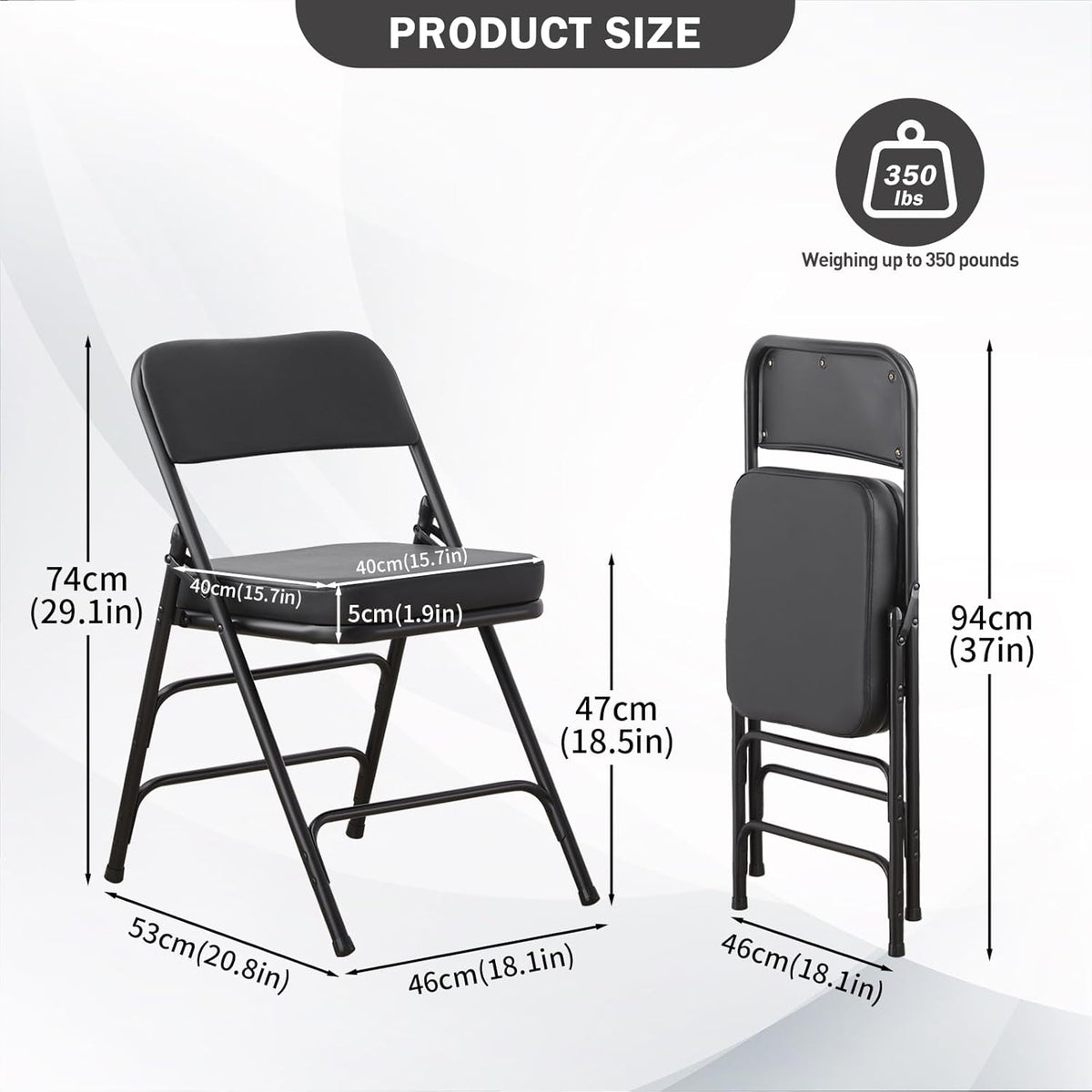 Gepolsterde Vouwstoelen 2-Pack, Zware-Duty Gestoffeerde Opvouwbare Stoel met Metal Frame voor Binnen & Buiten, Trouwerij, Feest, Banquet & Eetkamer (Zwart)