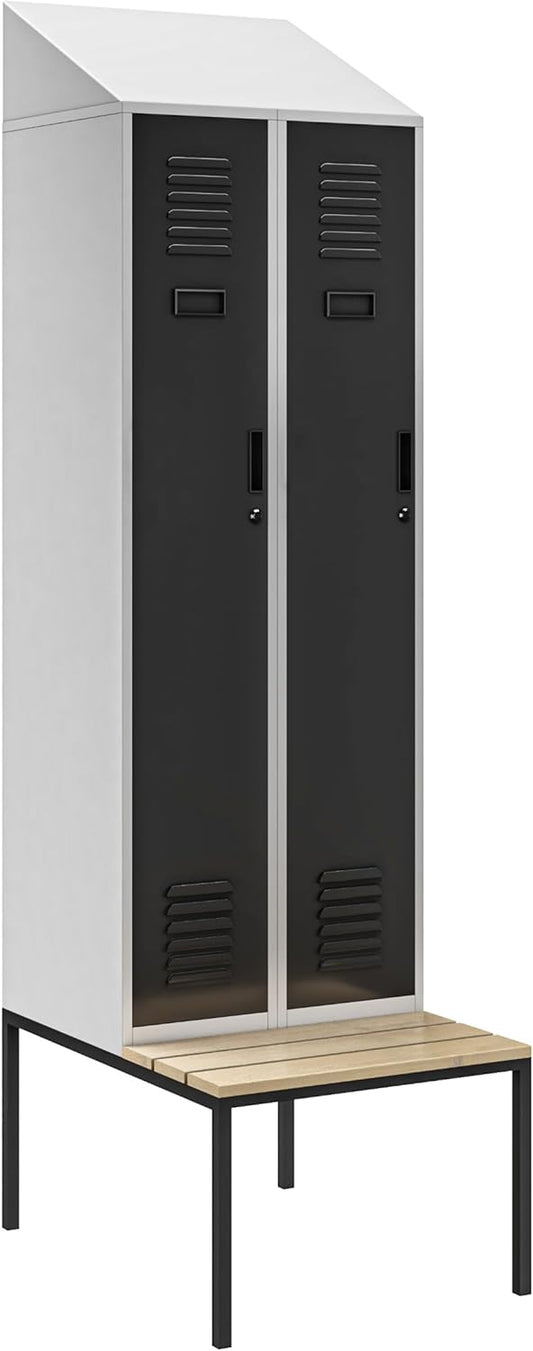 Jan Nowak Cabinet, Metal Locke with Dining Table Bench | Powder Coated, Ventilation Openings | Internal Lockers with Key | Cloakers, Dressing Rooms | 230cm x 60cm x 85cm | Grey-Anthracite - QUORE