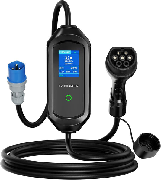 Type 2 oplaadkabel 7 kW mobiele Wallbox, 5 m 6-32 A 1-fasig oplaadkabel type 2 CEE-stekker, draagbare EV oplader met instelbaar laadvermogen en timerfunctie, voor EV PHEV IEC 62196-2
