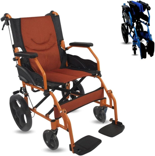 Rolstoel | Opvouwbaar | Aluminium | Rem op hendels | Voetsteun | Armleuningen | Oranje | Model: Piramide | Mobiclinic