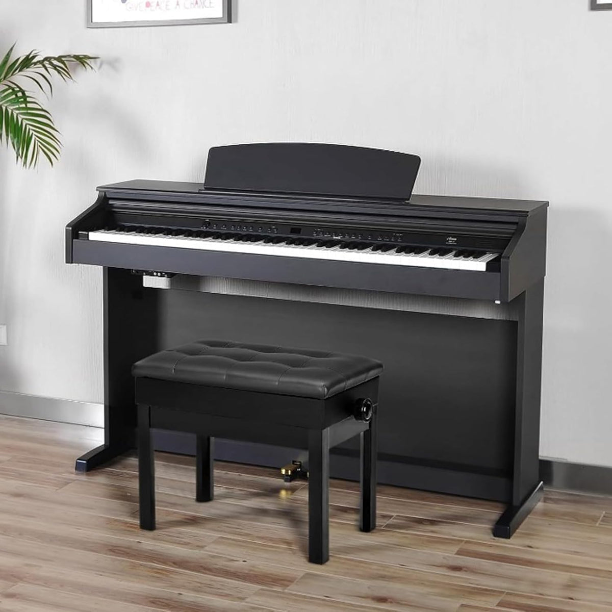 Piano zitbank 56 x 33,5 x 58 cm Verstelbare hoogte met PU leder Gepolsterde zitkussen Opbergruimte Smaak Afbergvak Hocker Zwart