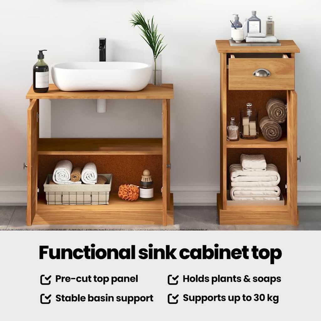 vidaXL Bathroom Storage Set Honey Brown Washbasin Cabinet Mirror Cabinet Rustic Style Solid Pine Wood 37 x 34 x 80 cm Spacious Wall Mounted Heat Resistant Antique Metal Knobs For Indoor Use Only - QUORE