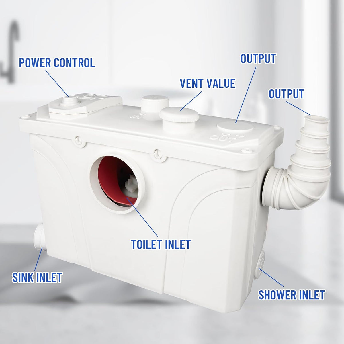 Sanitaire hakselaar, 700 W, afvalwaterpomp, 190 l/min, verticaal, 7 m, met 4 waterinlaten, geschikt voor toiletpompen, douches, badkuipen, wastafels