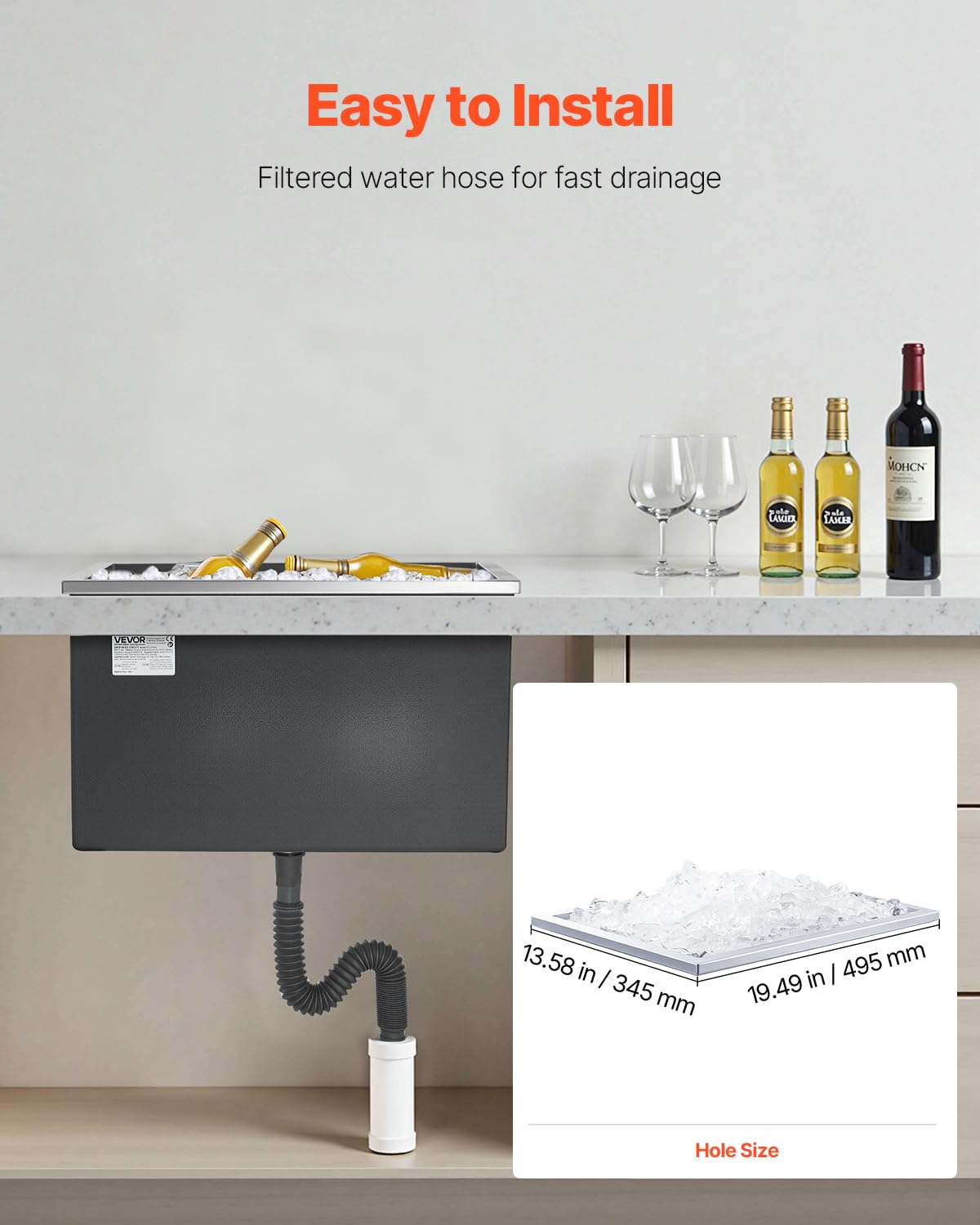 VEVOR Drop in Ice Chest, 508 x 355 x 306mm (508 x 355 x 306mm) Stainless Steel Drop in Cooler, 30L Commercial Ice Bucket with Jar Lid for Outdoor, Drain Pipe Set Included, for Cold Wine Beer