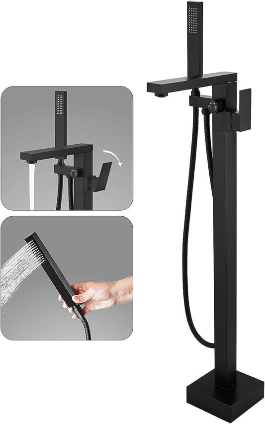 FAHKNS Tub Filler Freestanding Bathtub Faucet Matte Black Floor Mounted Tub Filler Faucet High Flow Brass Tap With Hand Shower