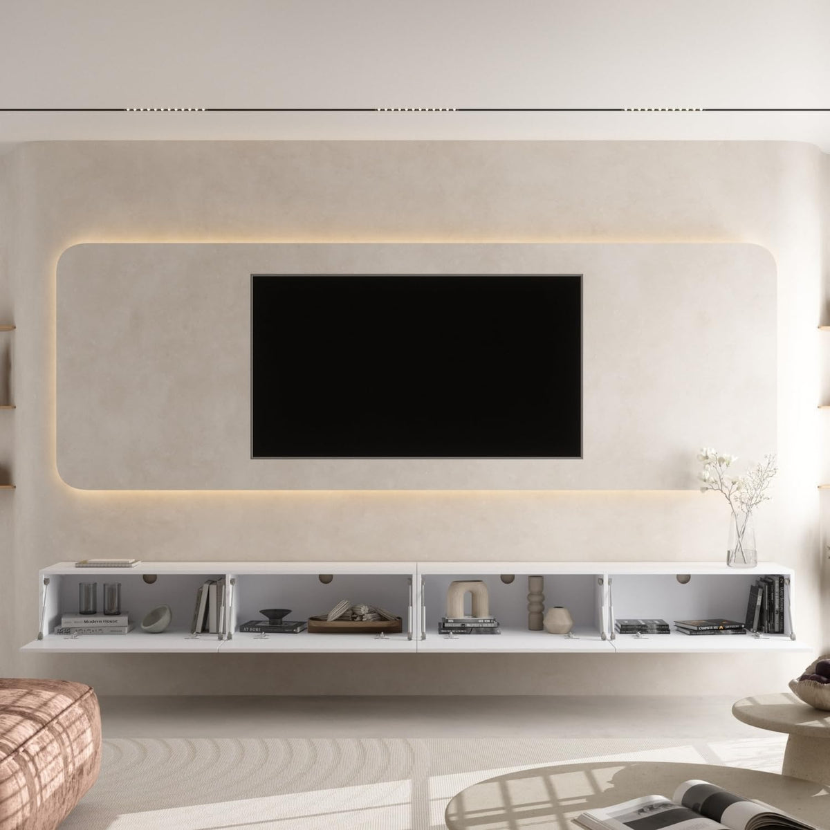Planetmöbel West TV Cabinet, TV Table 320 cm Long, TV Cabinet Hanging or Standing for Living Room, 2X TV Wall Cabinet 37.8 x 160 x 30 cm, White - QUORE