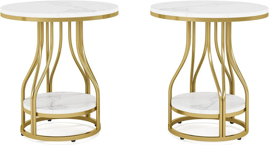 Tribesigns Set of 2 Round Side Tables, White Gold, 2 Tier Side Table, Modern Bedside Table with Storage for Sofa, Side Table with Metal Frame for Living Room