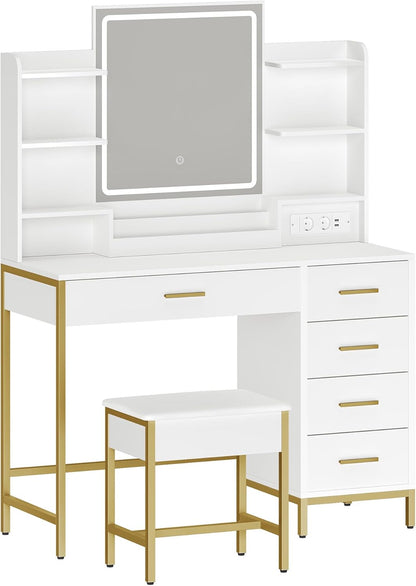 Hzuaneri Dressing Table, Dressing Table, Soft Stool, HD Mirror and Adjustable LED Lighting, Socket And USB Connection, 5 Drawers, Open Storage Compartment, Modern Style, White GoldDT351HDT