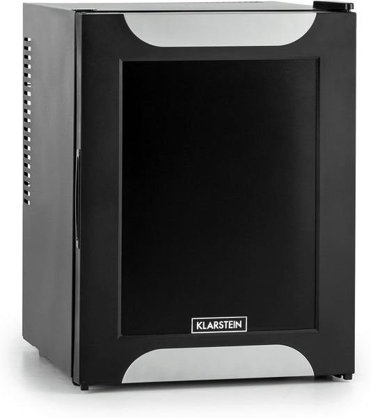 Minikoelkast – Minibar – Drankkoeler – Koelkastje – Kleine Koelkast – 32 Liter – Fluisterstil 33 dB – LED Binnenverlichting – 5-Traps Temperatuurregeling – Zwarte Decoratieve Deur
