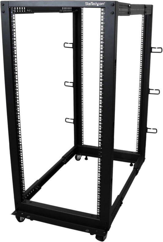 StarTech.com 4-Post 25U Mobiel Open Frame Server Rack, 19" Patchkast met Wielen en 4 Stijlen, Open Serverkast met Verstelbare Diepte voor Computer / AV / Netwerk Apparatuur (4POSTRACK25U)