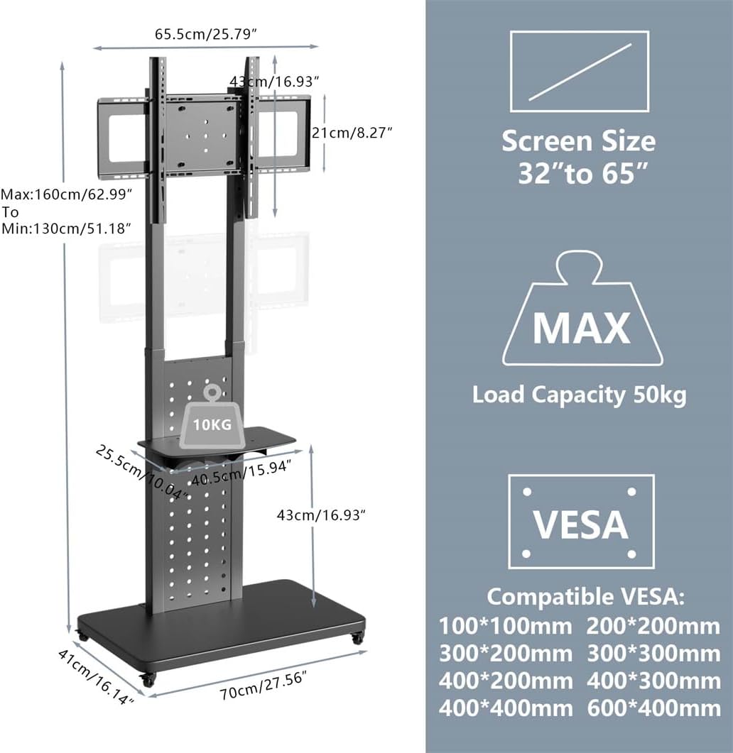Vloer-Tv-Standaard Op Wielen – Verrijdbare Tv Standaard – Tv Statief – Tv Vloerstandaard – Mobiele Tv Standaard – Voor 32-65 Inch – 90° Draaibaar
