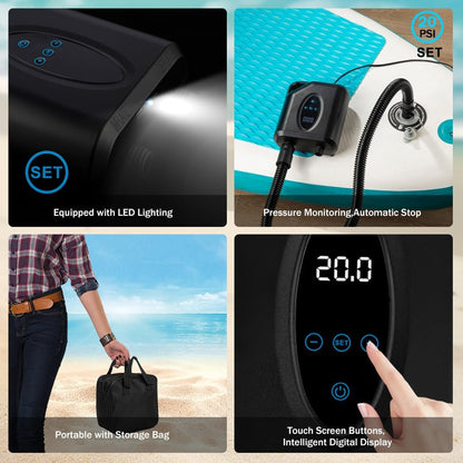 OBEST Elektrische SUP-pomp, 20 psi, draadloze hogedrukluchtpomp, tweetraps opblazen/leegloop, automatische uitschakelfunctie, geschikt voor kajaks, matras, watersport