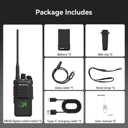 Retevis NR40 Portofoons voor Lange Afstanden, DMR Portofoon met Waterdicht Bereik, 2800mAh, Helder Geluid, Professionele Portofoon voor de Bouw, Fabrieken en Fabrikanten (Zwart, 2 Stuks)