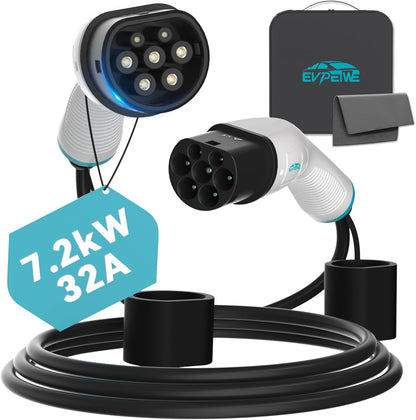 7.2kW 32A Type 2 EV-oplaadkabel, 5 m draagbare type 2 oplaadkabel | 250 V | 1 fase | IP55 | voor alle IEC 62196-2 EV's en plug-in hybride, snel opladen van elektrische voertuigen