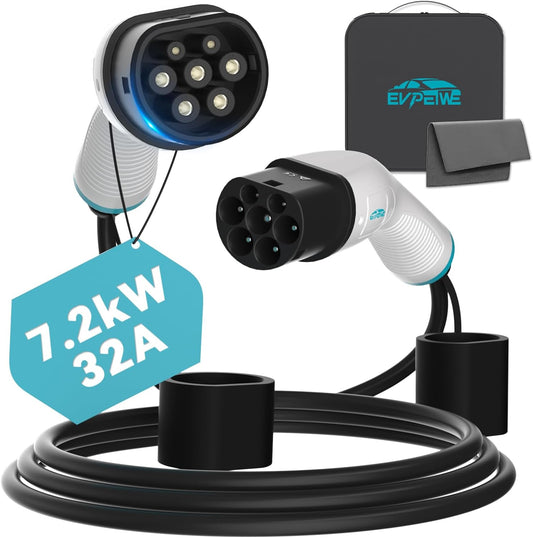 7.2kW 32A Type 2 EV-oplaadkabel, 5 m draagbare type 2 oplaadkabel | 250 V | 1 fase | IP55 | voor alle IEC 62196-2 EV's en plug-in hybride, snel opladen van elektrische voertuigen