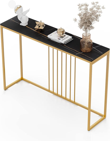 FATIVO Consoletafel marmer smal goud: entree tafel 120 cm Scandinavisch met goud metalen frame, gangtafel voor slaapkamer woonkamer 120 × 30 × 79 cm zwart