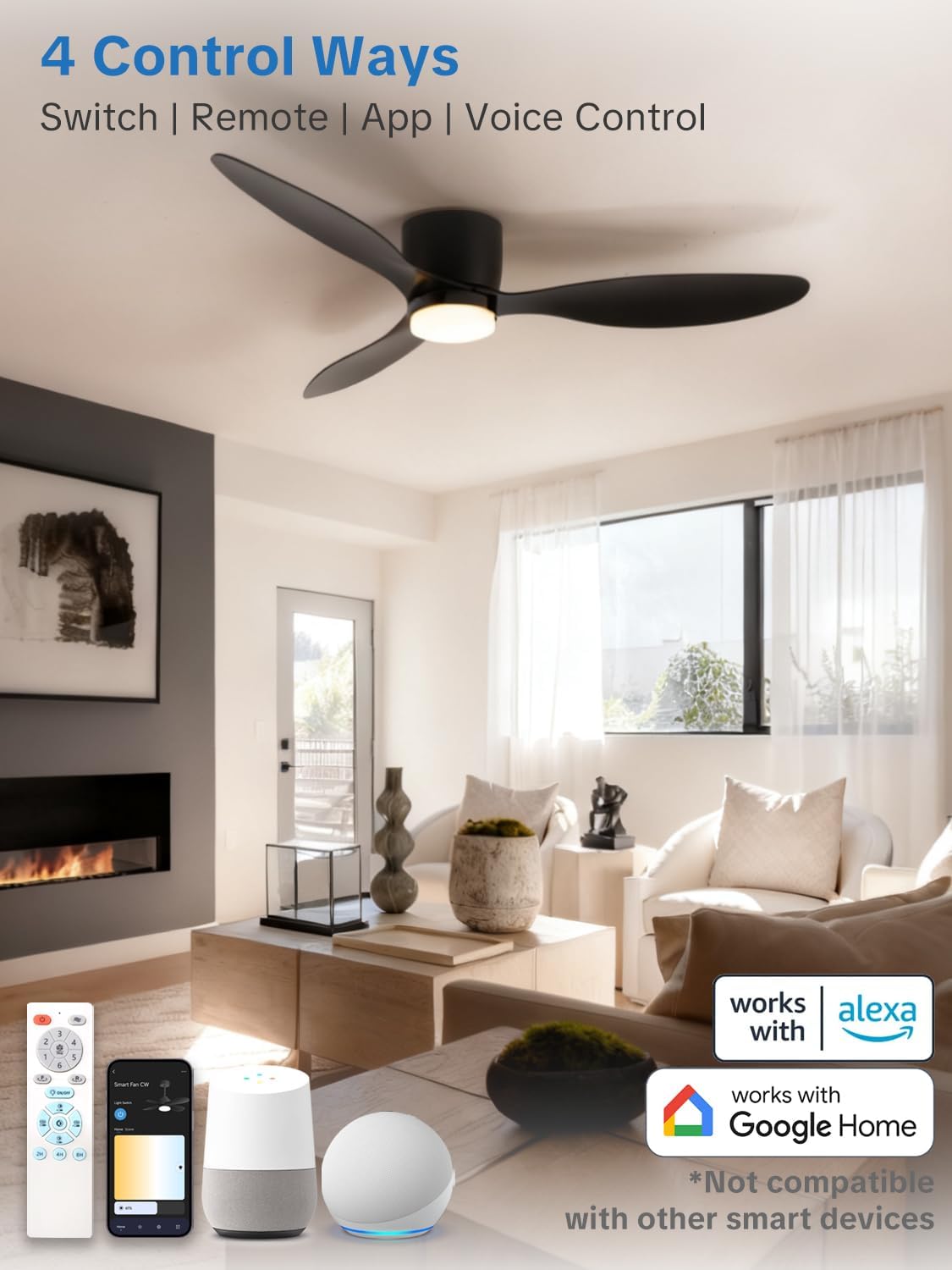 Plafondventilator, diameter 106 cm, met licht en afstandsbediening, omkeerbare DC-motor, stil, 6 snelheden, 3 CCT, led-plafondlamp voor slaapkamer en woonkamer, zwart