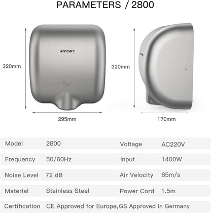 Handdroger – Elektrische Handdroger – Automatische Handdroger – Sneldrogende Handdroger – Wandhanddroger – Geborsteld Roestvrij Staal – Sneldrogend 8-12 Sec – Krachtige 1400-1650 W