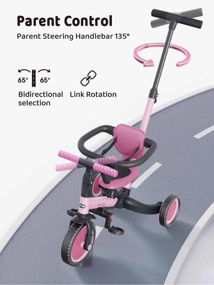 newyoo Driewieler voor 1-3 jaar, peuterfiets voor jongens en meisjes, driewieler voor peuters met ouder-schuifgreep, trike met rugleuning en veiligheidsgordel (Rosé)
