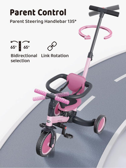 newyoo Driewieler voor 1-3 jaar, peuterfiets voor jongens en meisjes, driewieler voor peuters met ouder-schuifgreep, trike met rugleuning en veiligheidsgordel (Rosé)