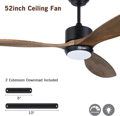 Ovalim 132 cm binnen buiten 3 bladen propeller Smart plafondventilator, stille DC motor massief houten plafondventilator met lichtafstandsbediening, app-besturing