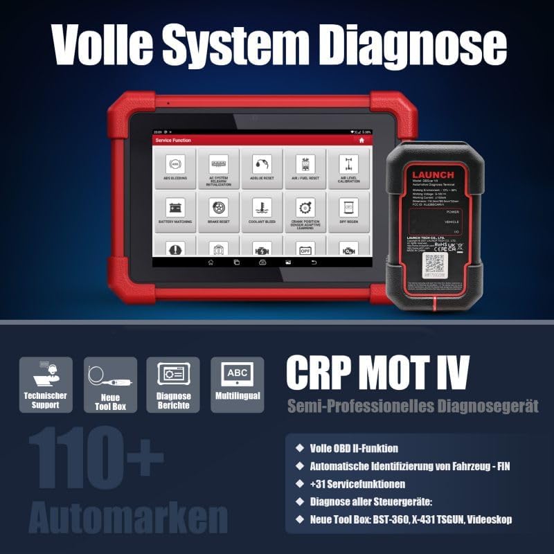 LAUNCH CRP MOT IV obd2 diagnostic tool for all vehicles, OE level diagnostic software. All system diagnostics and 31+ reset services, vehicle tester for Active Test, CANFD, incl. 2 years update