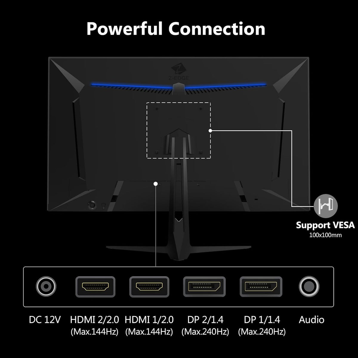 Z-Edge Gaming Monitor 27'' IPS QHD (2560x1440), 240Hz (DP1.4×2), 1ms, FreeSync, 16:9 LED Gaming Monitor, 144Hz (HDMI2.0×2), Adjustable Tilt, 400cd/m², VESA 100*100mm (DP cable included)