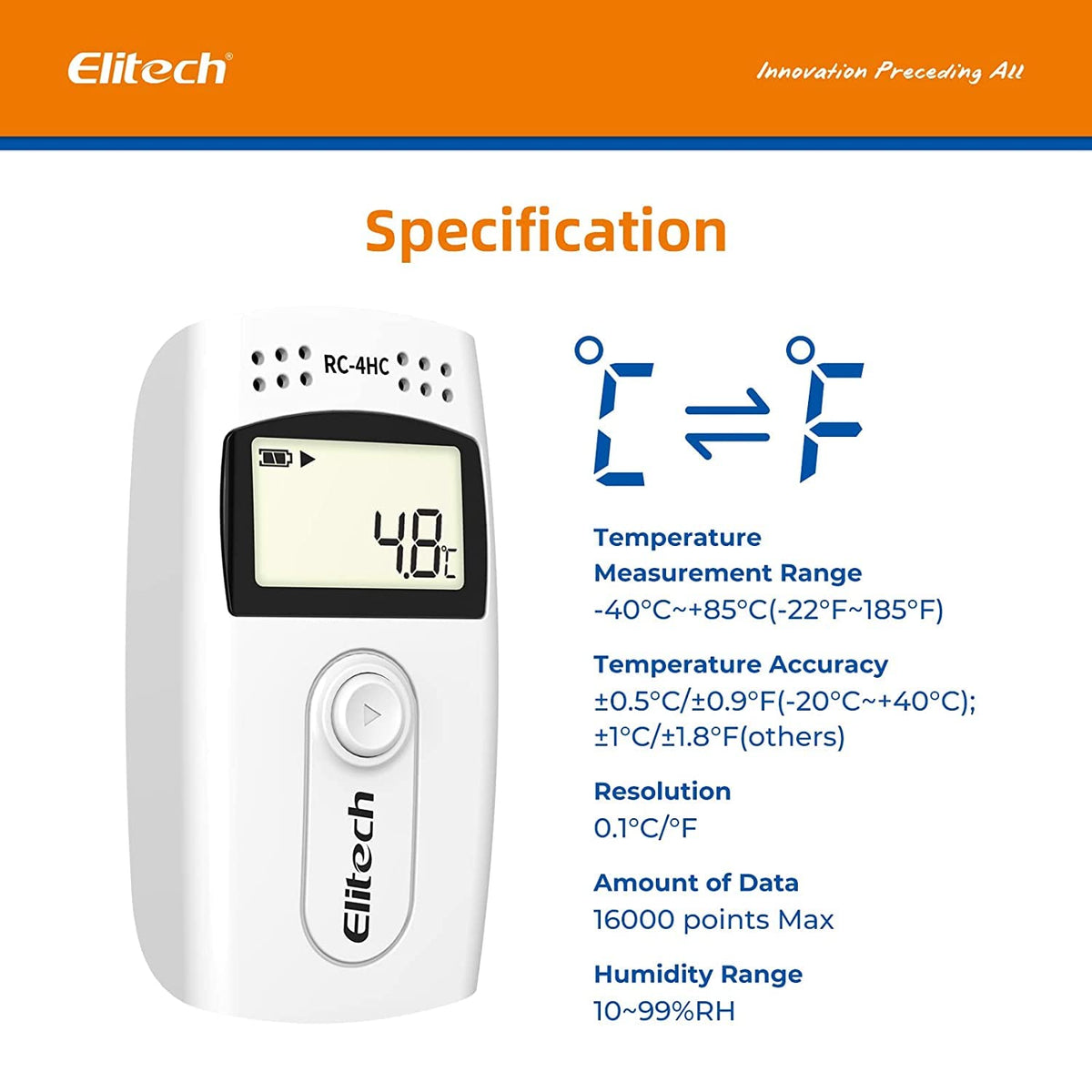 Elitech RC-4HC 16000 Punten Mini Temperatuur en Vochtigheid Data Logger w/Sensor(10Packs)