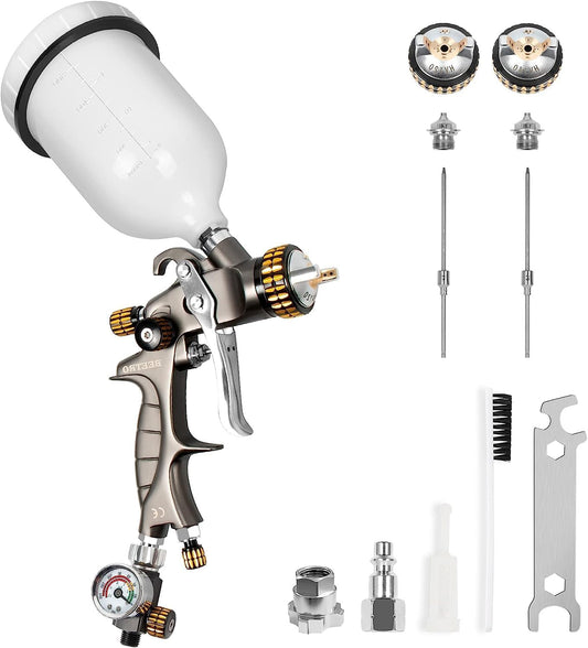 BEETRO HVLP Air Spray Gun, 600ml Capacity 14.5 CFM 30-43 PSI 1.4mm/1.8mm Nozzles Stainless Steel with Type 2 Adapter Air Control Valve and Filter Professional Gravity Spray Gun - QUORE