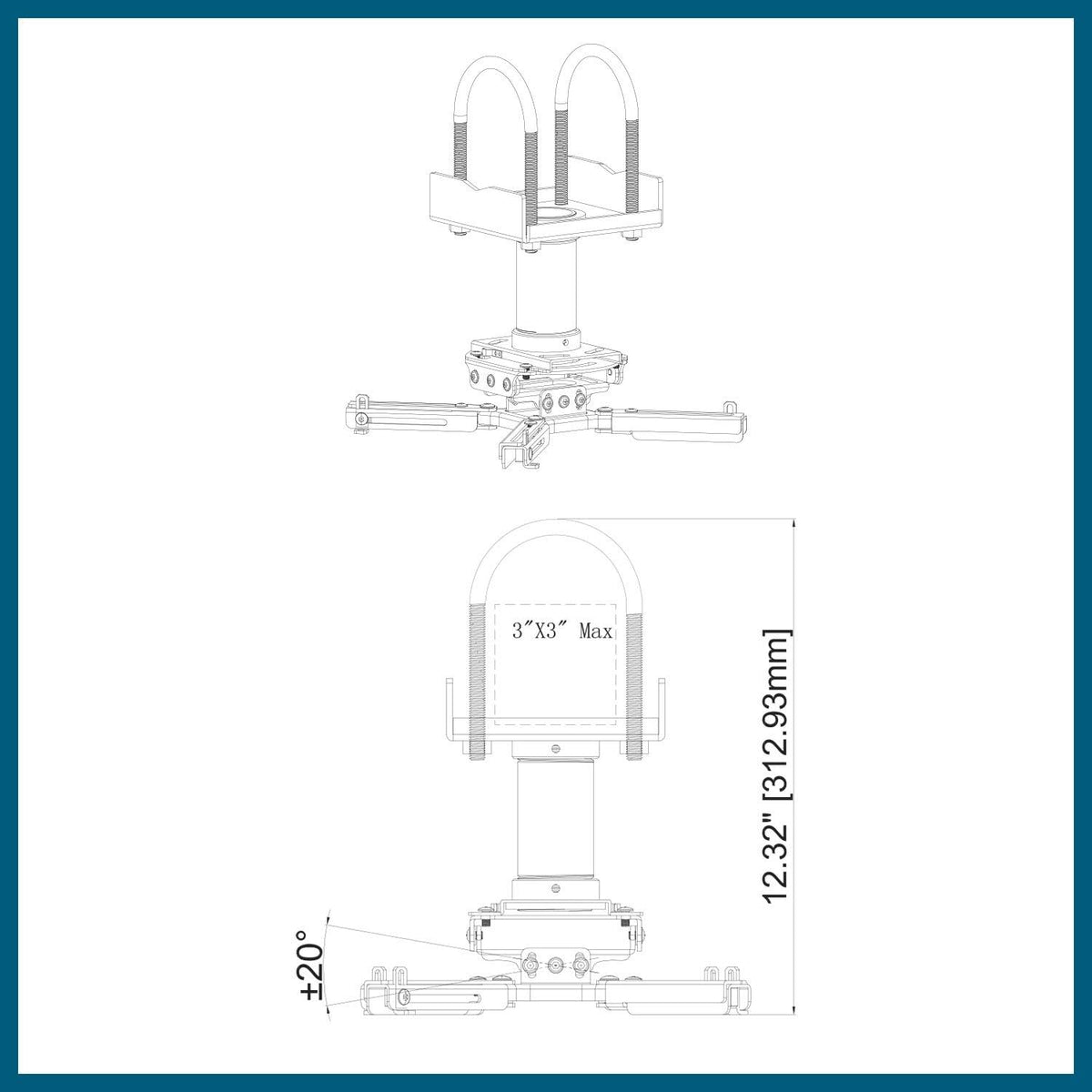 Montageset voor projector – Projectorbeugel – Beamerbeugel – Plafondbeugel – Truss plafondadapter – Zwart – Geschikt voor trussplafonds tot 3 inch breed en 3,5 inch hoog – Inclusief 3 inch buis en 1,5 inch NPT compatibel