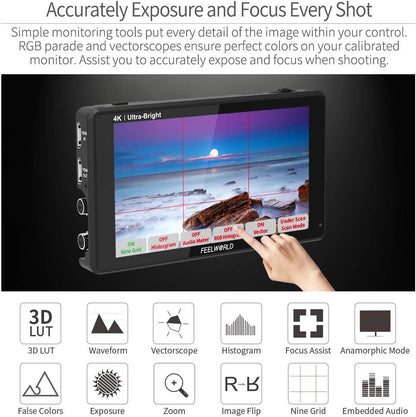 FEELWORLD LUT6S 2600Nit Camera Field Monitor 6 Inch TouchScreen 1920x1080 IPS Veldmonitor met 3G-SDI&4K HDMI Ingang/Loop Uitgang,3D LUT,HDR Golfvorm,Peak Focus DSLR Video Assist,Tilt Arm