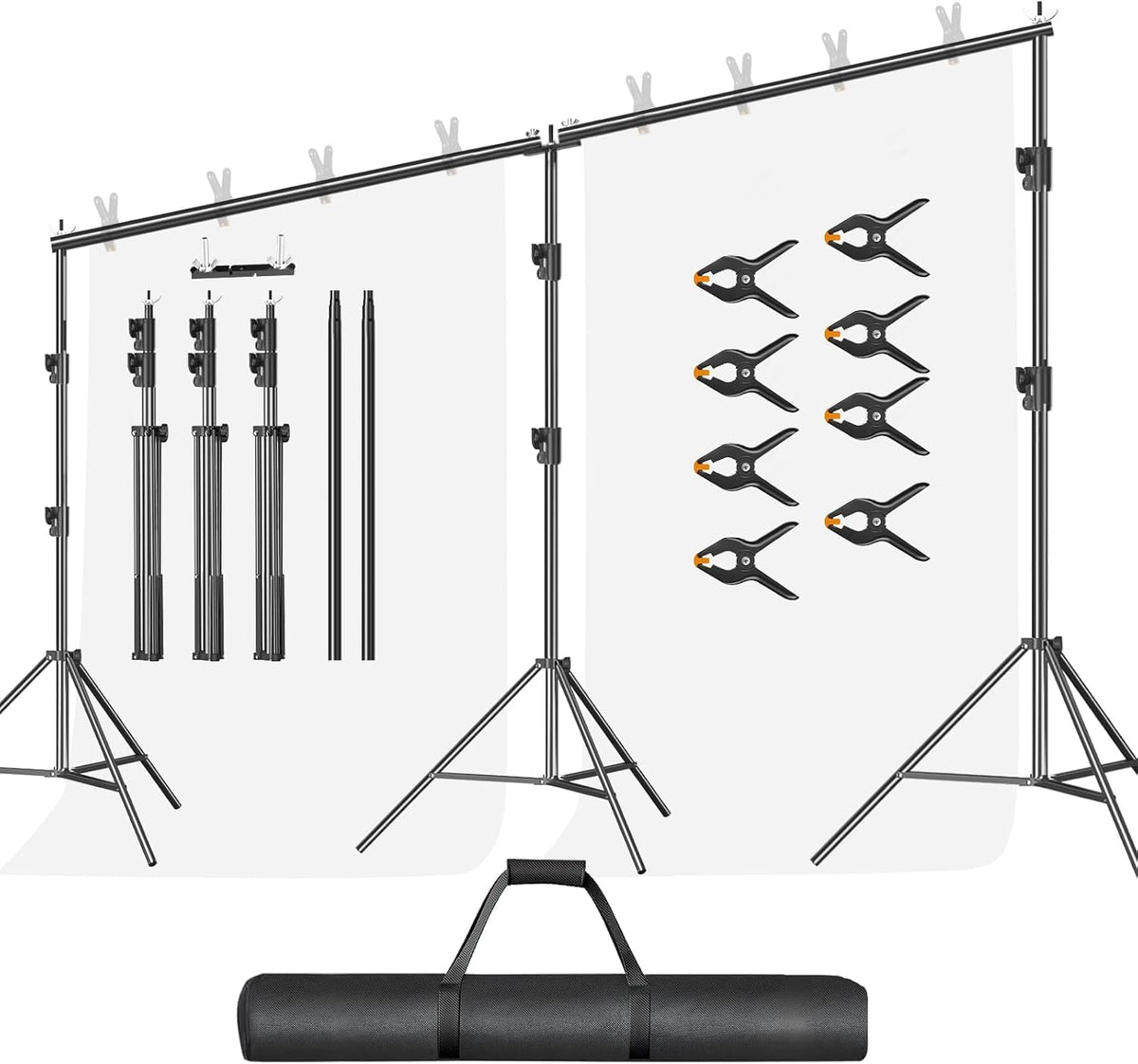 EMART Fotoachtergrondstandaard 3m x 6m, Verstelbare Duurzame Achtergrondstandaard, Achtergrondsysteem Fotostudio met 8 Veerklemmen, 1 Draagtas voor Studiofoto, Fotografie, Video, Bruiloft