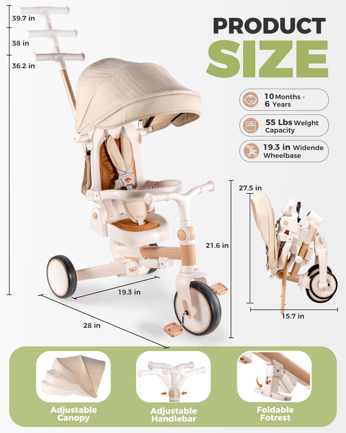 aiwo 7in1 Opvouwbare driewieler voor peuters 1-3, multifunctionele peuter push bike wandelwagen, lichtbruin