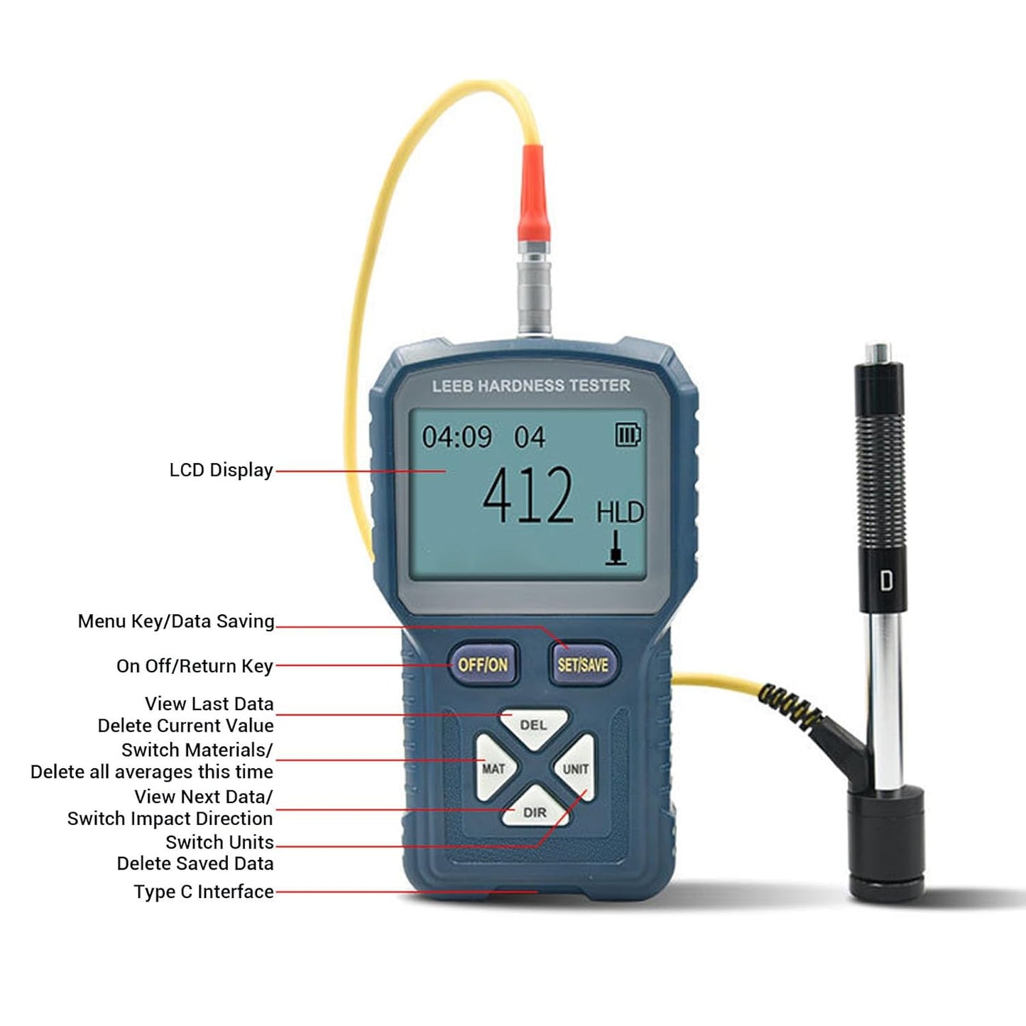 Metalen Hardheidsmeter EU-Stekker – Digitale Hardheidsmeter – Metaalhardheidstester – Hardheidstester – Hardheidstestapparatuur – ±6% Nauwkeurigheid – 128x64 LCD-Display Met Achtergrondverlichting