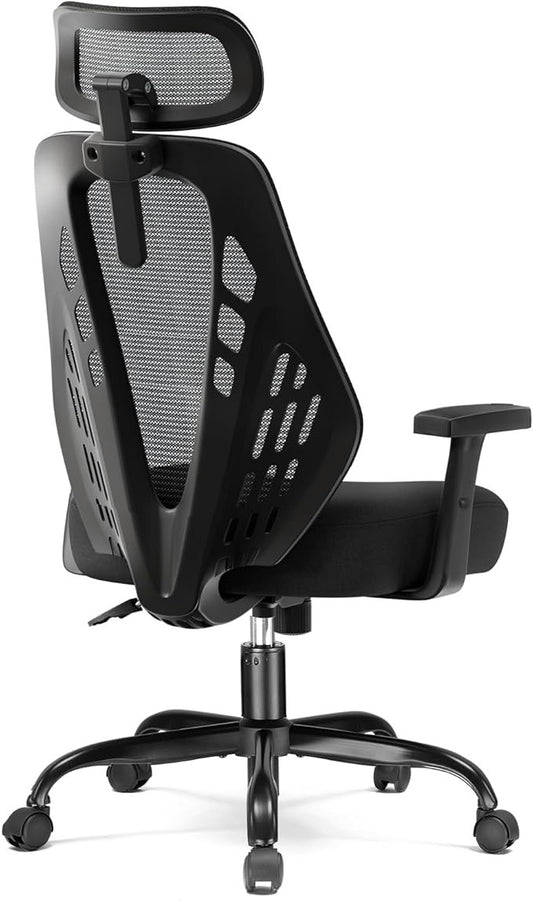 Ergonomische bureaustoel – kantoorstoel – gamestoel – werkstoel – bureaustoel met hoofdsteun – ademende mesh bekleding – 3D verstelbare armleuningen – V-vormige rugleuning – hoogwaardig schuimzitkussen – zwart met hoofdsteun
