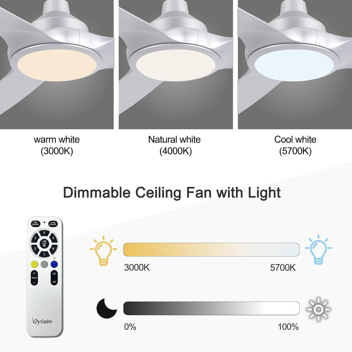 Ovlaim Plafondventilator, 132 cm, met kunststof bladen en ledverlichting, incl. afstandsbediening, DC-energiebesparende motor, ultralicht, voor zomer en winter, zilver [energieklasse D].