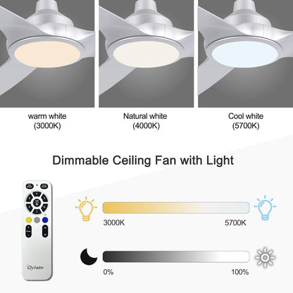 Ovlaim Plafondventilator, 132 cm, met kunststof bladen en ledverlichting, incl. afstandsbediening, DC-energiebesparende motor, ultralicht, voor zomer en winter, zilver [energieklasse D].