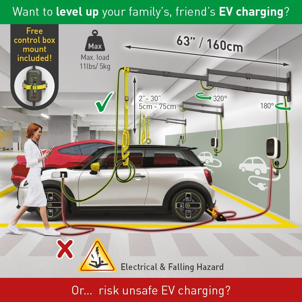 Barkan 160 cm lange EV oplaadkabel wandhouder arm, 5 jaar garantie, buiten/outdoor, weerbestendig en waterdicht, voor E-auto EV/PHEV/elektrische autokabel