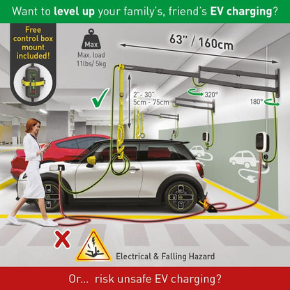 Barkan 160 cm lange EV oplaadkabel wandhouder arm, 5 jaar garantie, buiten/outdoor, weerbestendig en waterdicht, voor E-auto EV/PHEV/elektrische autokabel