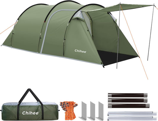 Chihee Campingtent, tunneltent voor 4 personen, familietent met 2 deuren, weerbestendige tent, 4 seizoenen, tent met afgeschermde veranda, kamer, luifel, inclusief regenfly draagtas voor reizen,