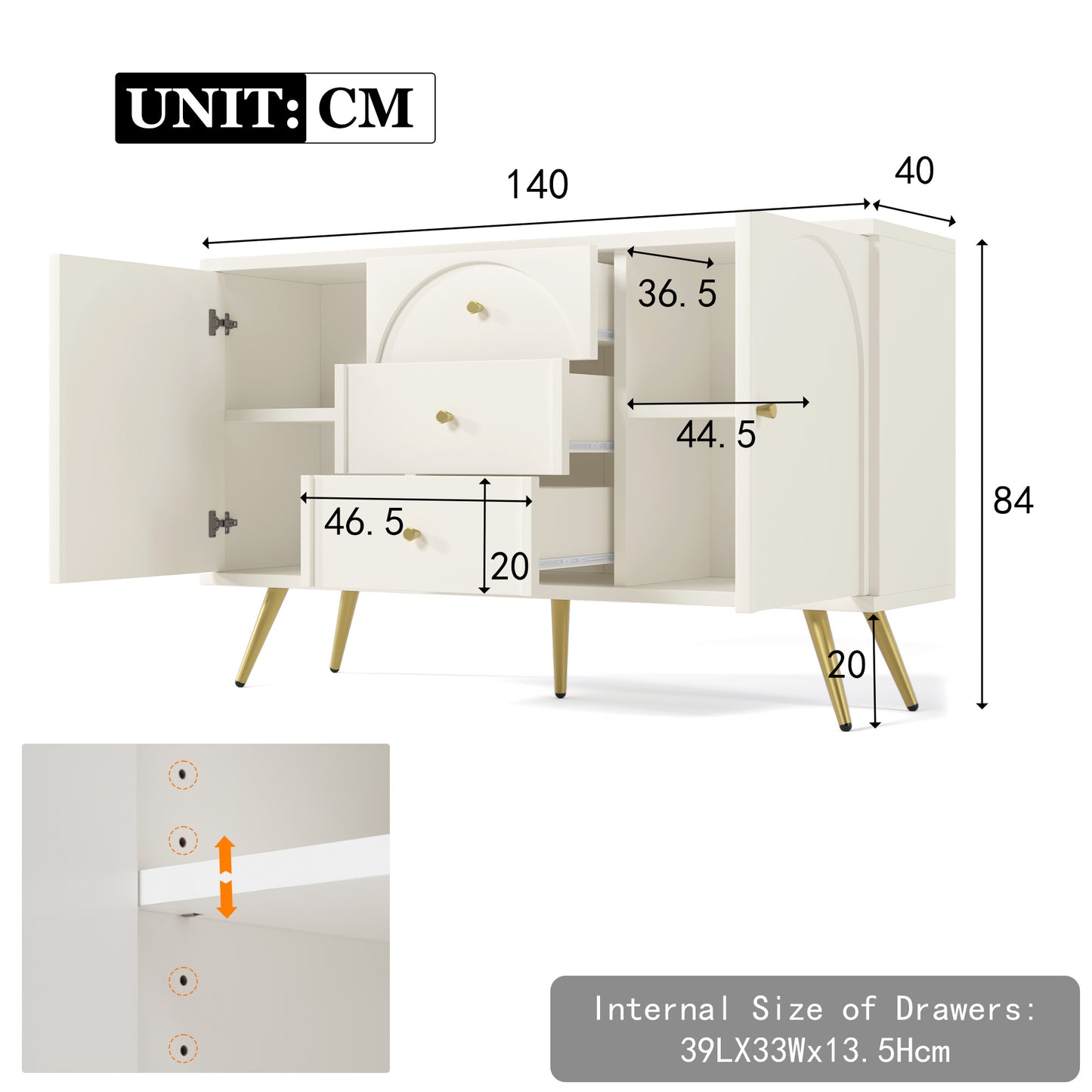 Dressoir – Kast – Ladekast – Opbergkast – Dressoir Wit – 2 Deuren en 3 Laden – Verstelbare Legplank – H84 x B140 x D40 cm
