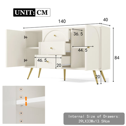 Dressoir – Kast – Ladekast – Opbergkast – Dressoir Wit – 2 Deuren en 3 Laden – Verstelbare Legplank – H84 x B140 x D40 cm