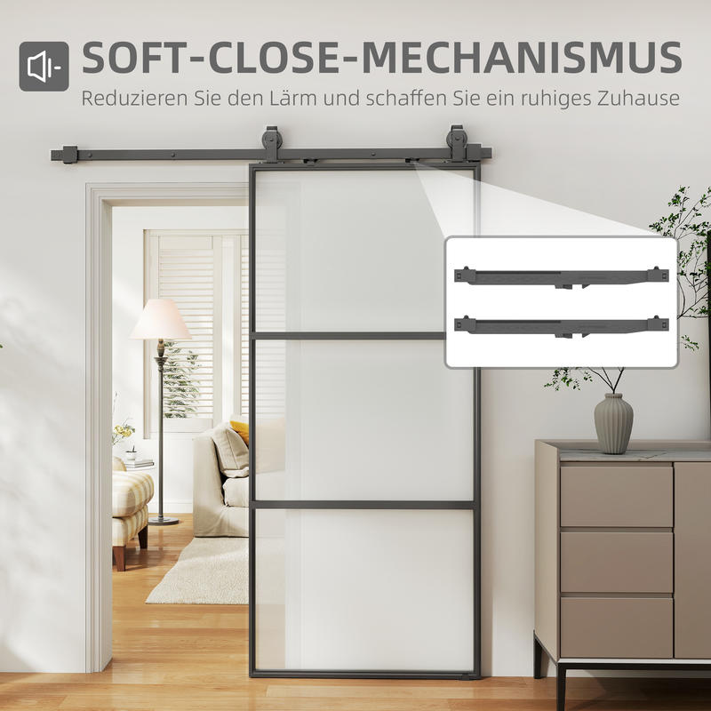 Schuifdeur – Schuifdeursysteem – Binnendeur – Kastenpaneel – Ruimtescheider – Matglas Privacy – Soft-Close Mechanisme – Stalen Zwart Frame – Eenvoudige Montage – Ruimtebesparend Design