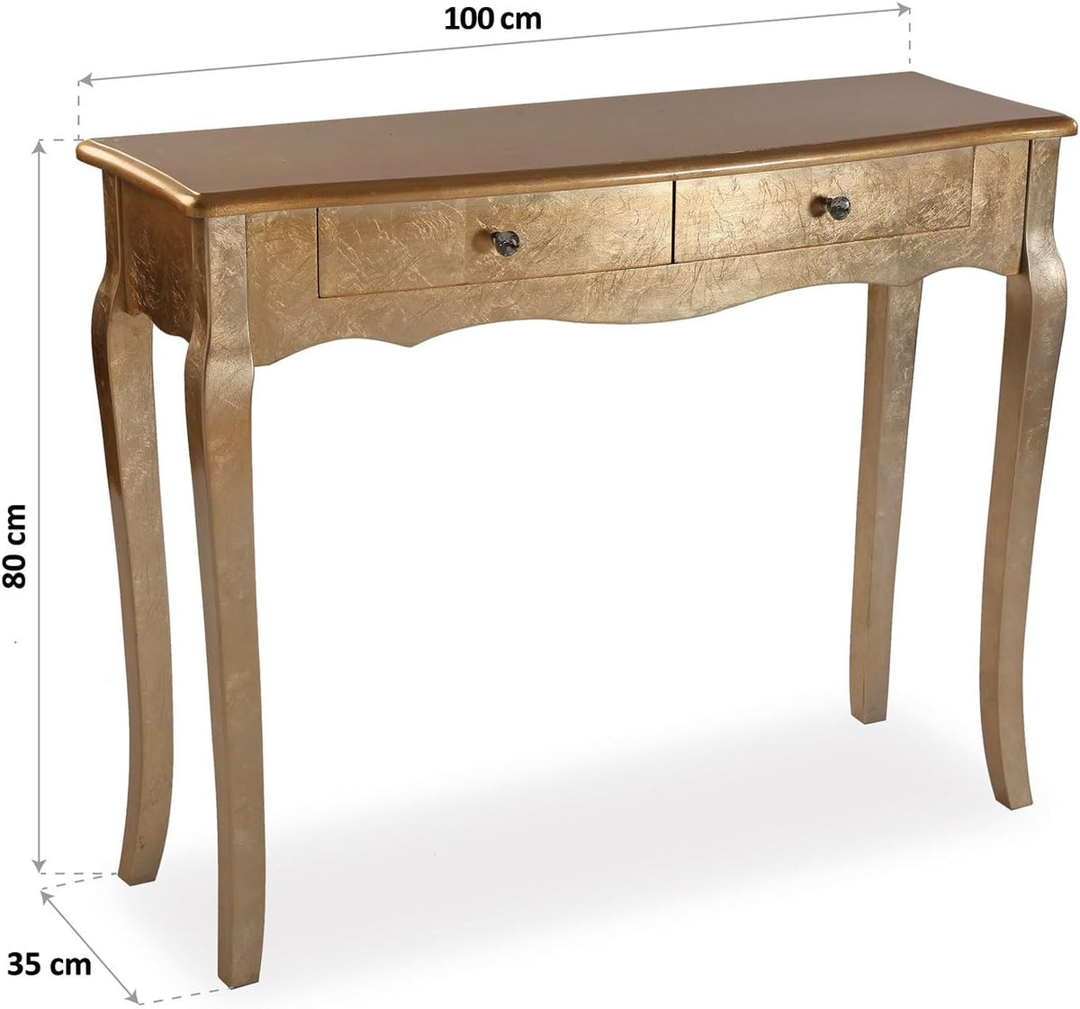 Versa Vivienne entreemeubel, smal, voor hal, consoletafel, met 2 laden, afmetingen (H x B x D) 80 x 35 x 105 cm, hout, goudkleurig
