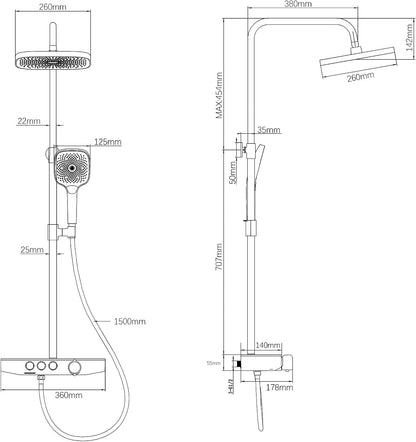 Douche Systeem – Thermostaat Douche Set – Regendouche – Handdouche – Douchekraan – Glazen Plank – Mat Zwart – In Hoogte Verstelbaar – Watervaluitloop