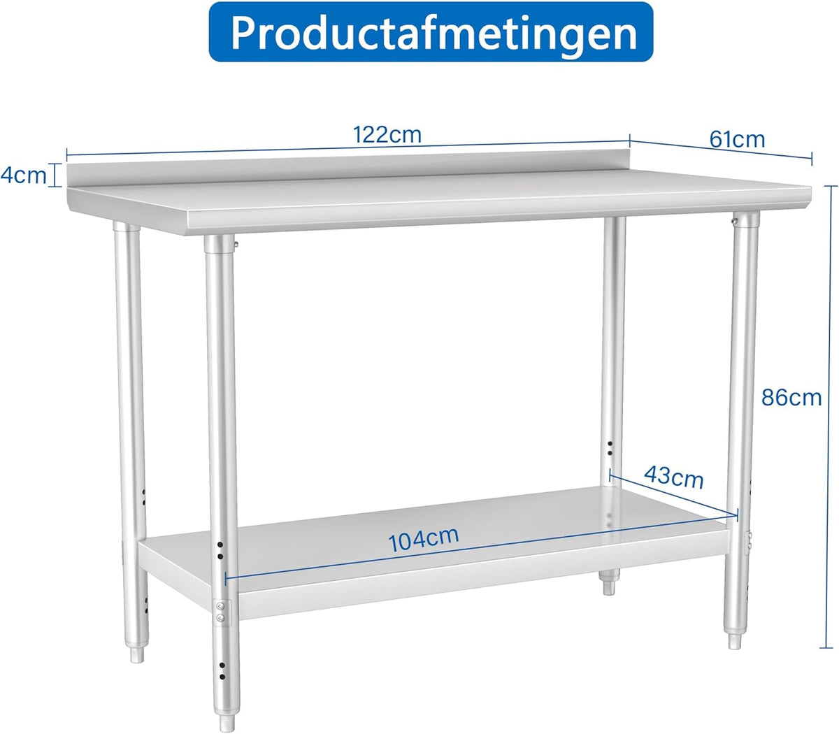 HARDURA Volledig Roestvrijstalen Tafel van 61×122 CM,Commerciële Keukenroestvrijstalen Voorbereidingstafel met Verstelbare Onderplank en Achtersplat voor Voorbereidingswerk in de Werkruimte